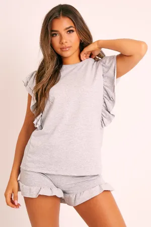 Grey Frill Hem T-shirt Short Loungewear Co-ord - Daleiza