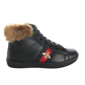 Gucci Kids Fur Black Leather High Top Trainers