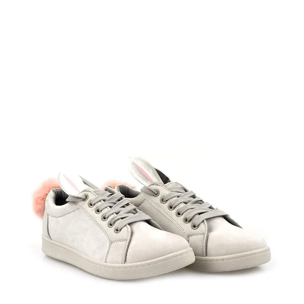 HARPER Ladies Flat Rabbit Ear Pom Pom Lace Up Trainer