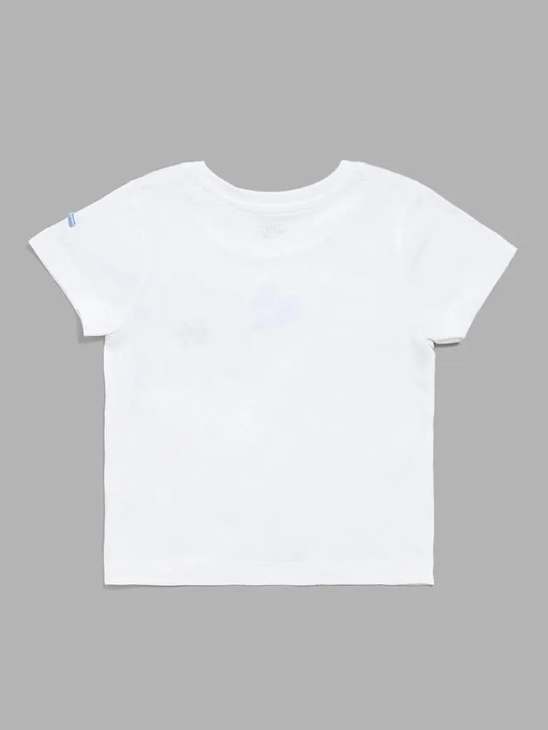 HOP Kids Blue Embroidered White T-Shirt