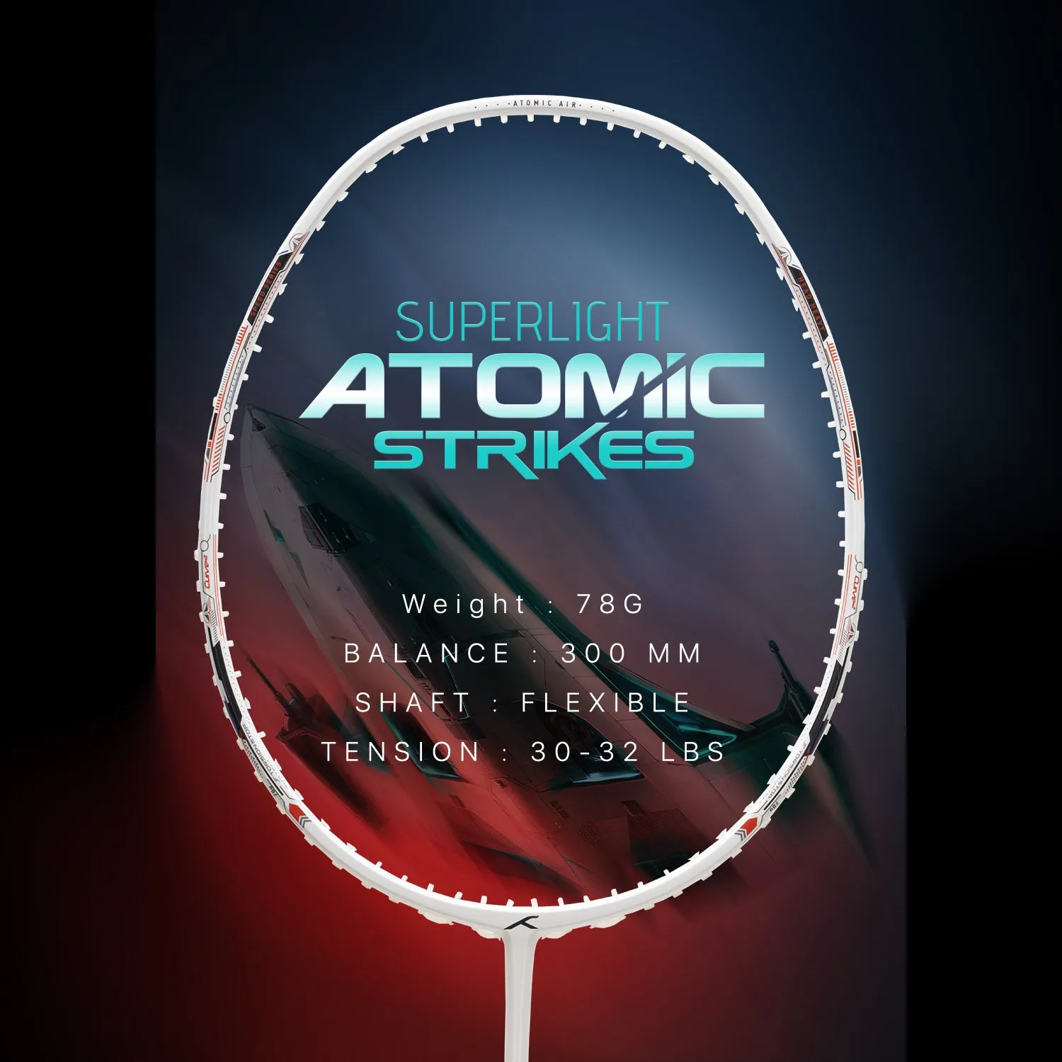 Hundred Atomic Air 78 Zero Torsion Frame Strung Badminton Racquet (White / Black)