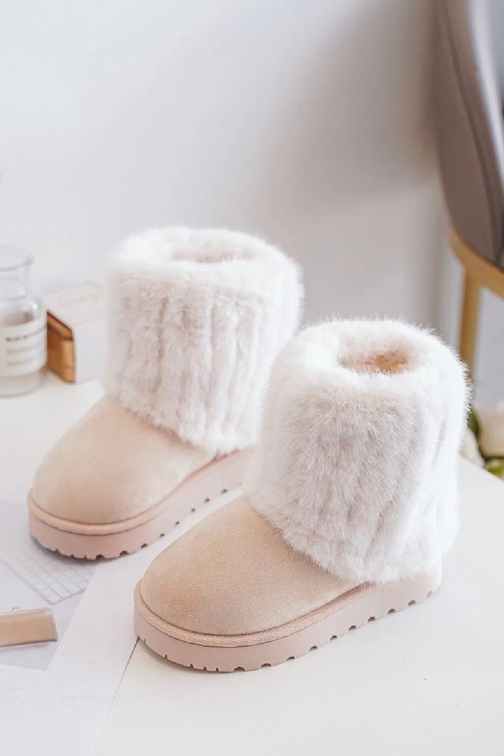 KIDS FOLDED OVER FLUFFY FAUX FUR LINING ANKLE BOOTS IN BEIGE 31-36 SIZES