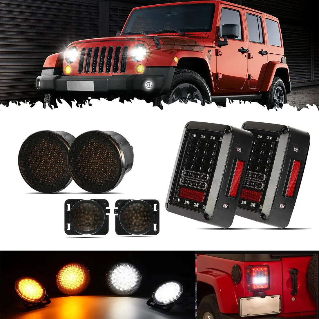 LED Smoke Tail Light   Front Turn Signal & Fender Flares Side Marker Light for 2007-2017 Jeep Wrangler JK