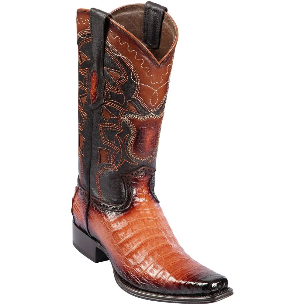 Los Altos Boots Mens #768257 European Square Toe | Genuine Caiman Belly Boots | Color Faded Cognac