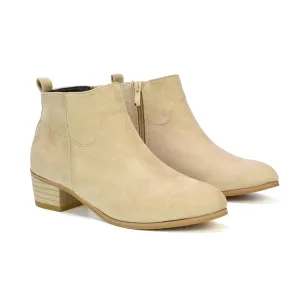 Melodie Zip Up Cowboy Ankle Boots With Low Block Heel in Beige