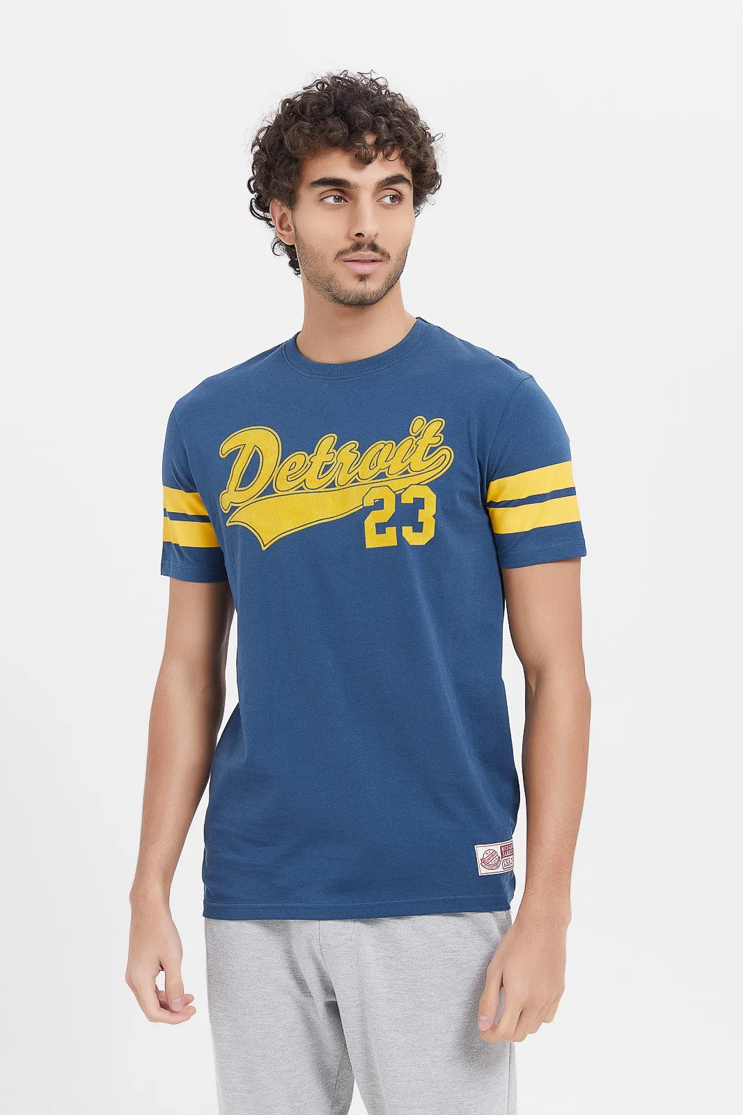 Men Blue Printed Varsity T-Shirt