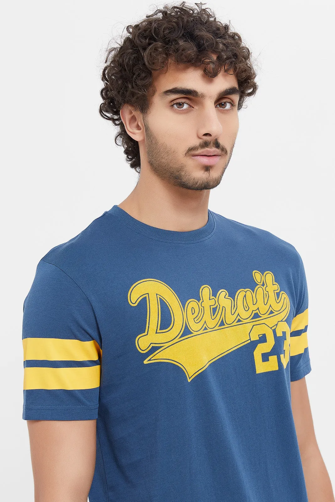 Men Blue Printed Varsity T-Shirt