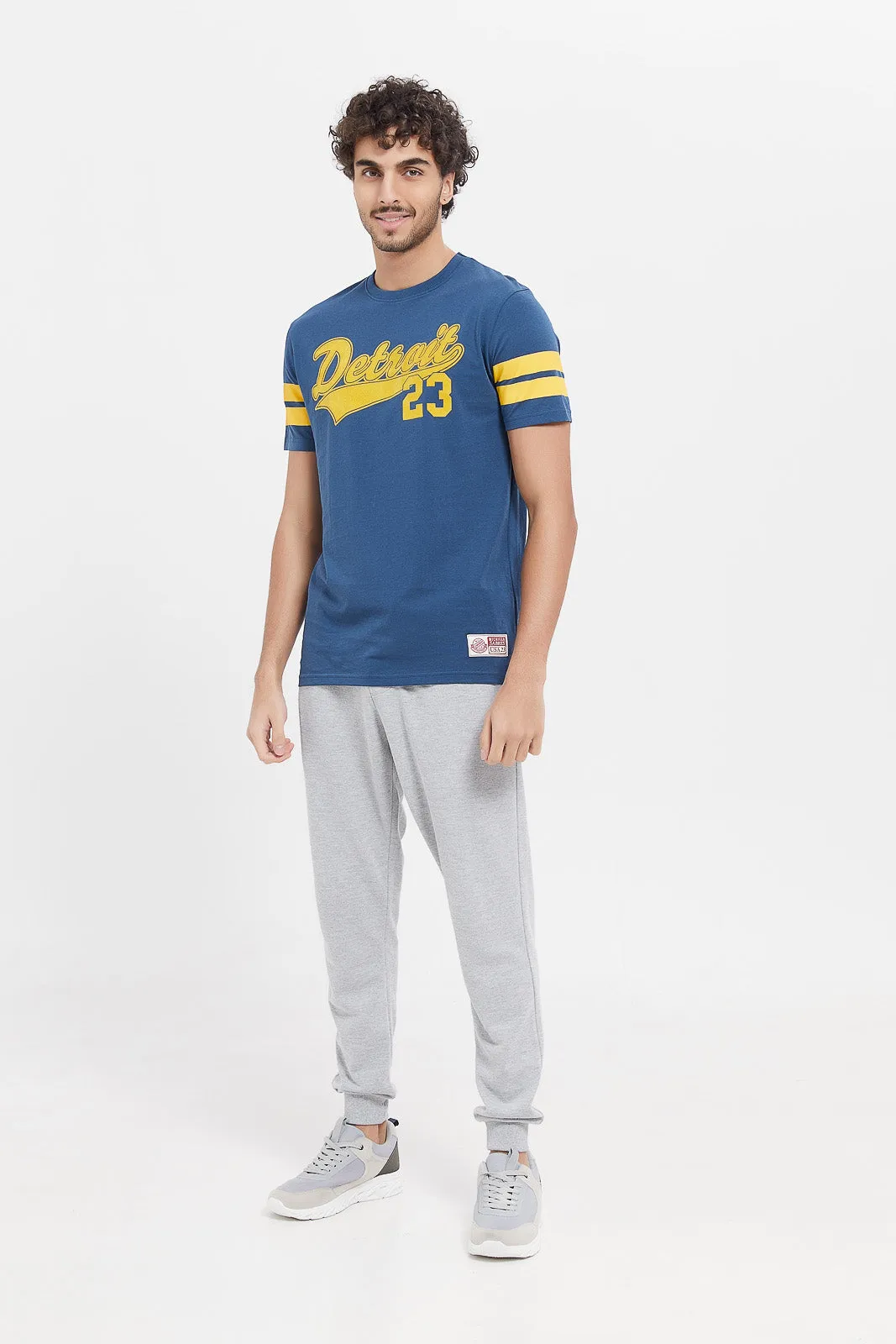 Men Blue Printed Varsity T-Shirt