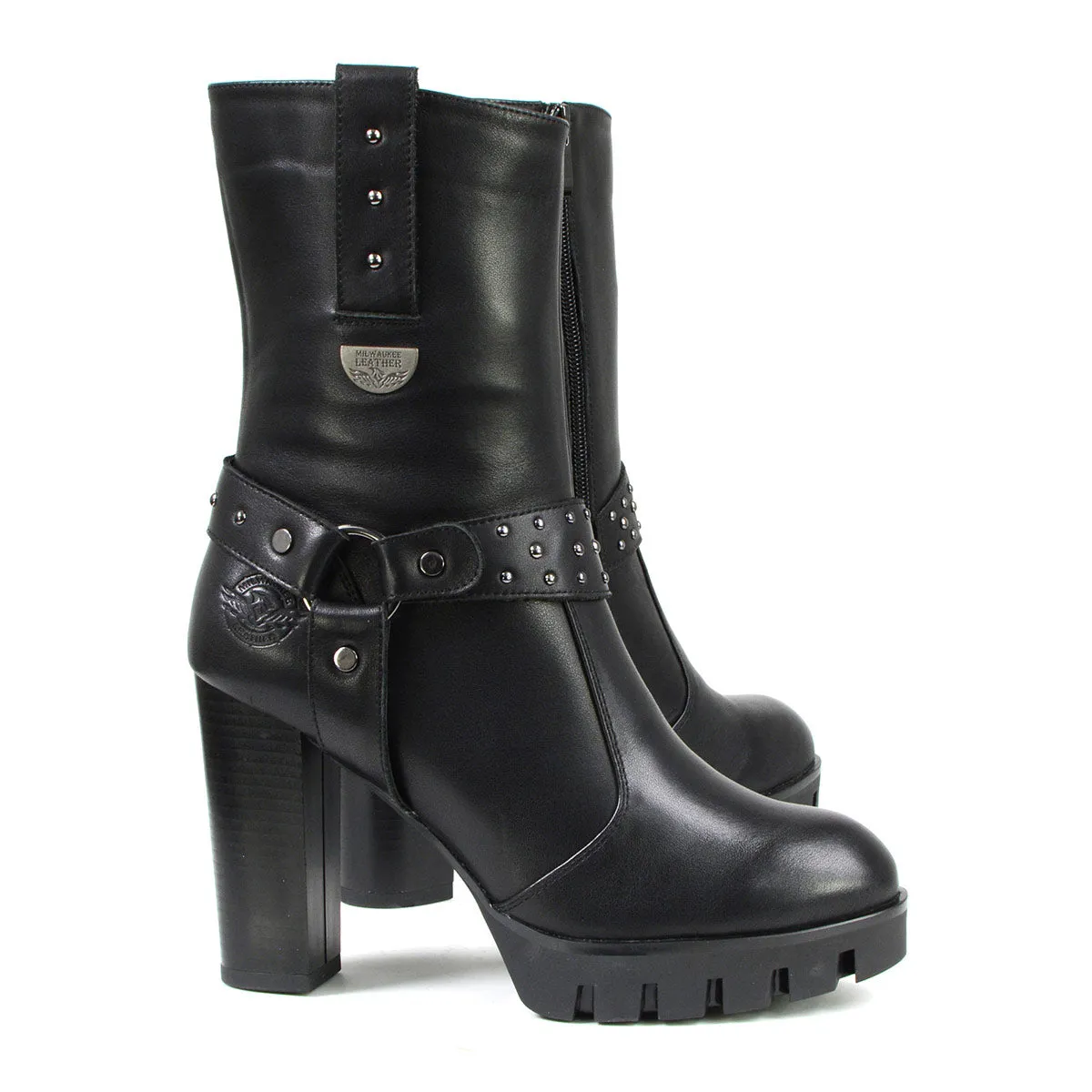 Milwaukee Leather MBL9303 Women's Classic Black Leather Casual Fashion Boots with Block Heel