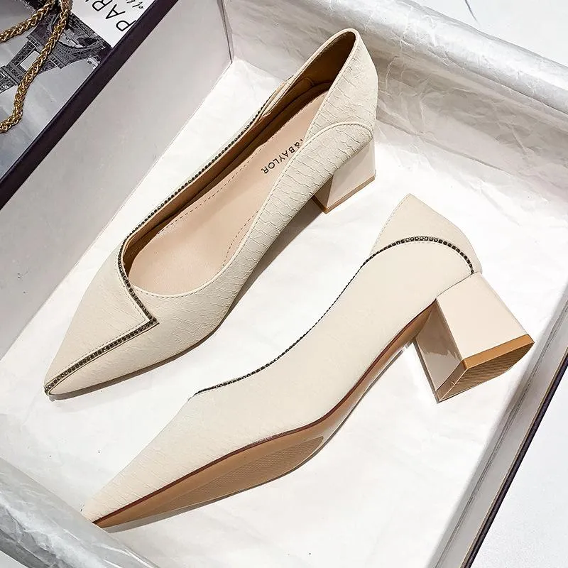 Nude Block Heels Mid-Heel Shoes Women's Shoes Chunky Heel Single-Layer Shoes Mary Jane Shoes