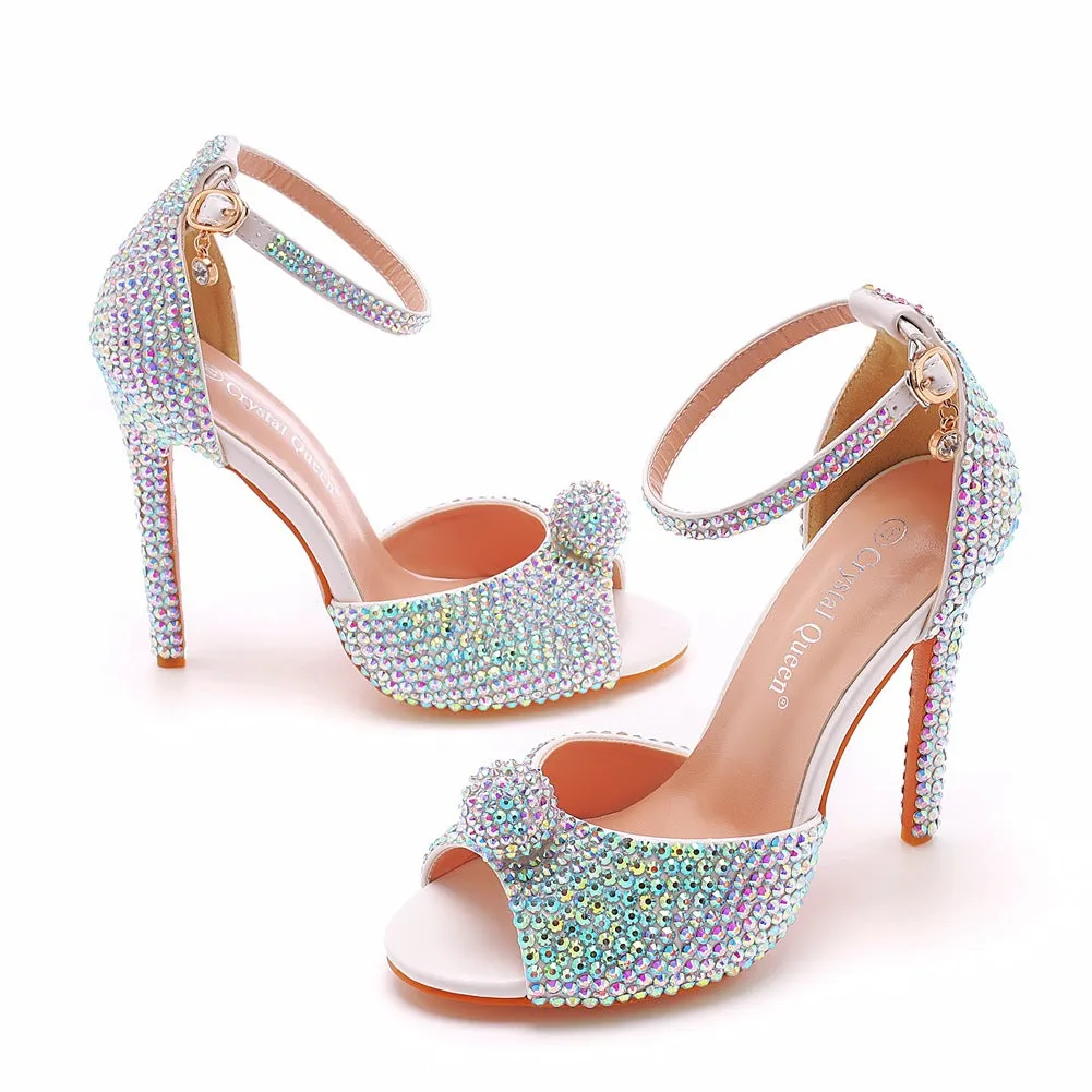 Peep Toe Rhinestone Ankle Strap Stiletto Heels