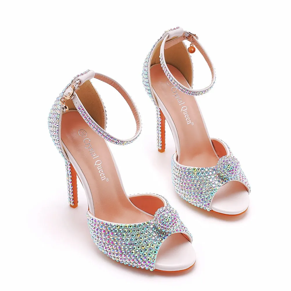 Peep Toe Rhinestone Ankle Strap Stiletto Heels