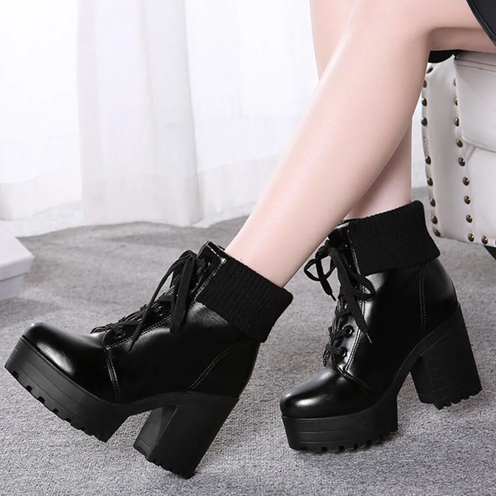 PU leather square High Heels  Ankle Boots