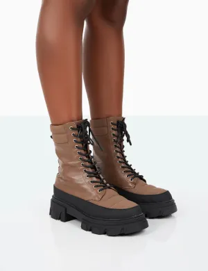 Refresh Mocha PU Nylon Lace Up Platform Chunky Sole Ankle Boots