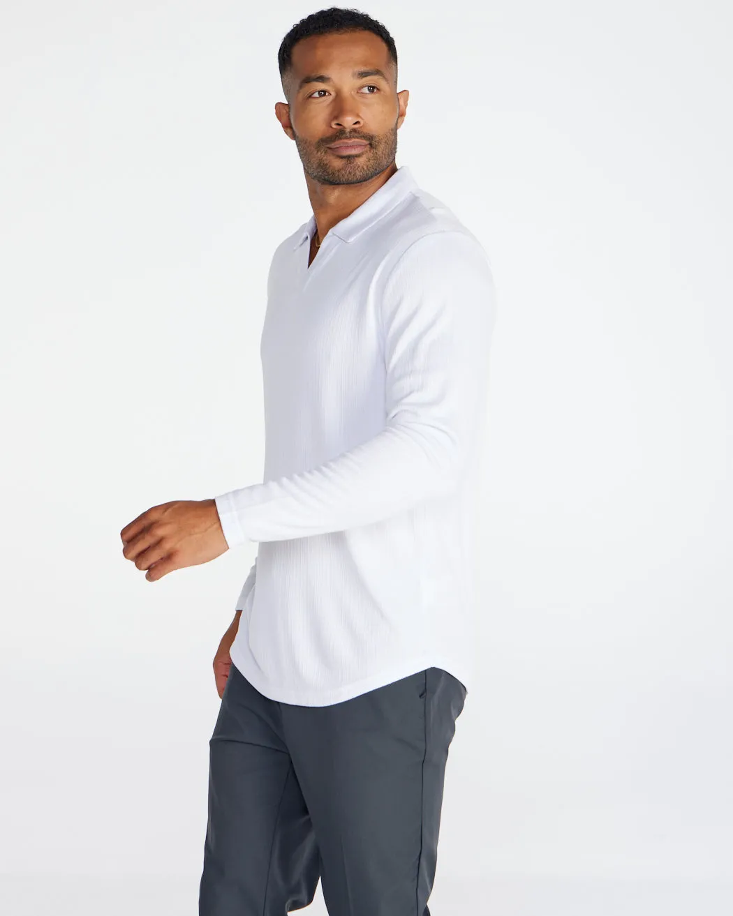 Ribbed Long Sleeve Open V Polo