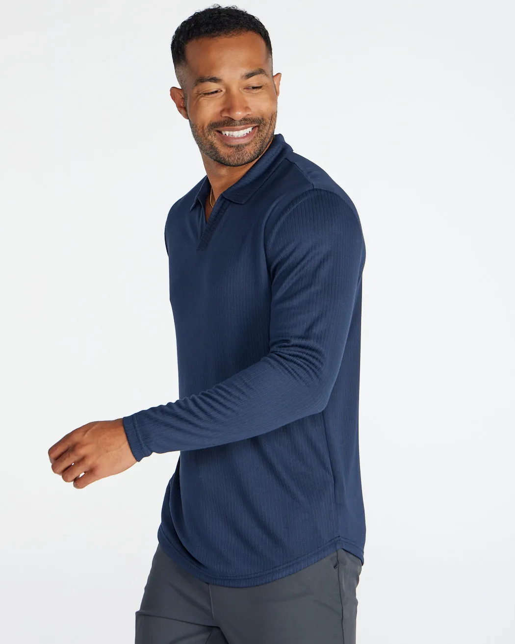 Ribbed Long Sleeve Open V Polo