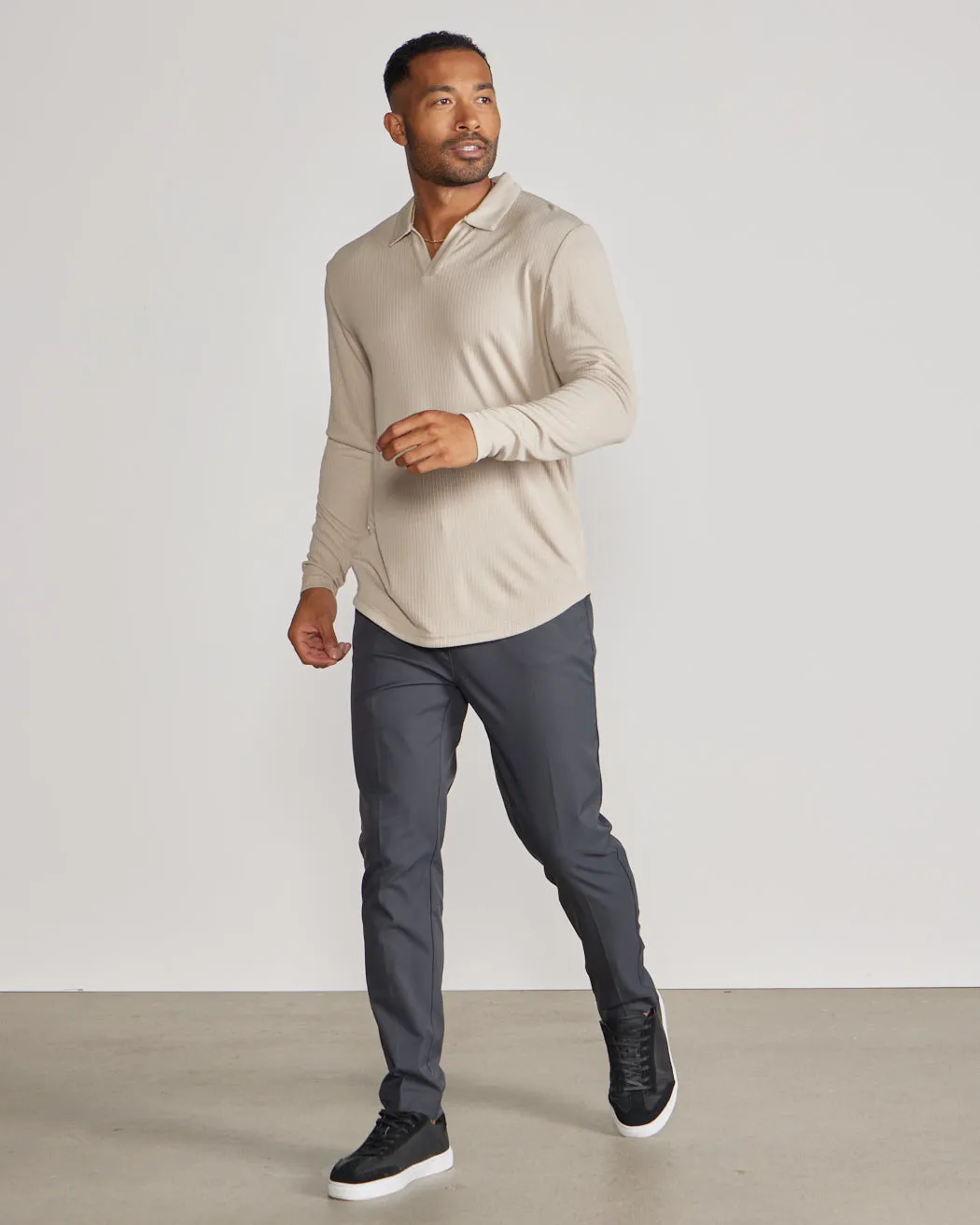 Ribbed Long Sleeve Open V Polo