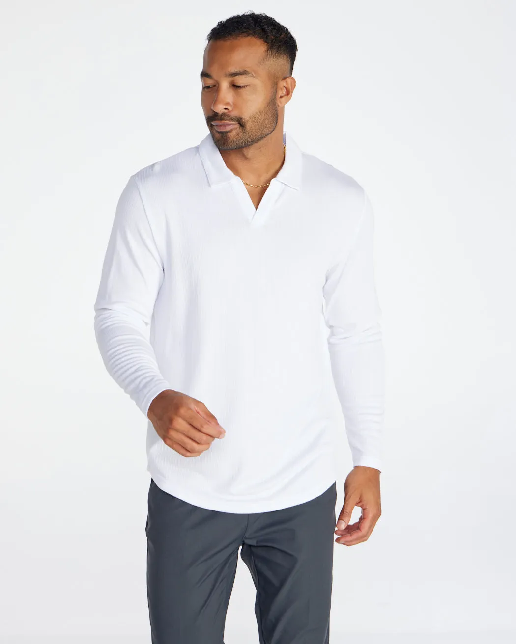 Ribbed Long Sleeve Open V Polo