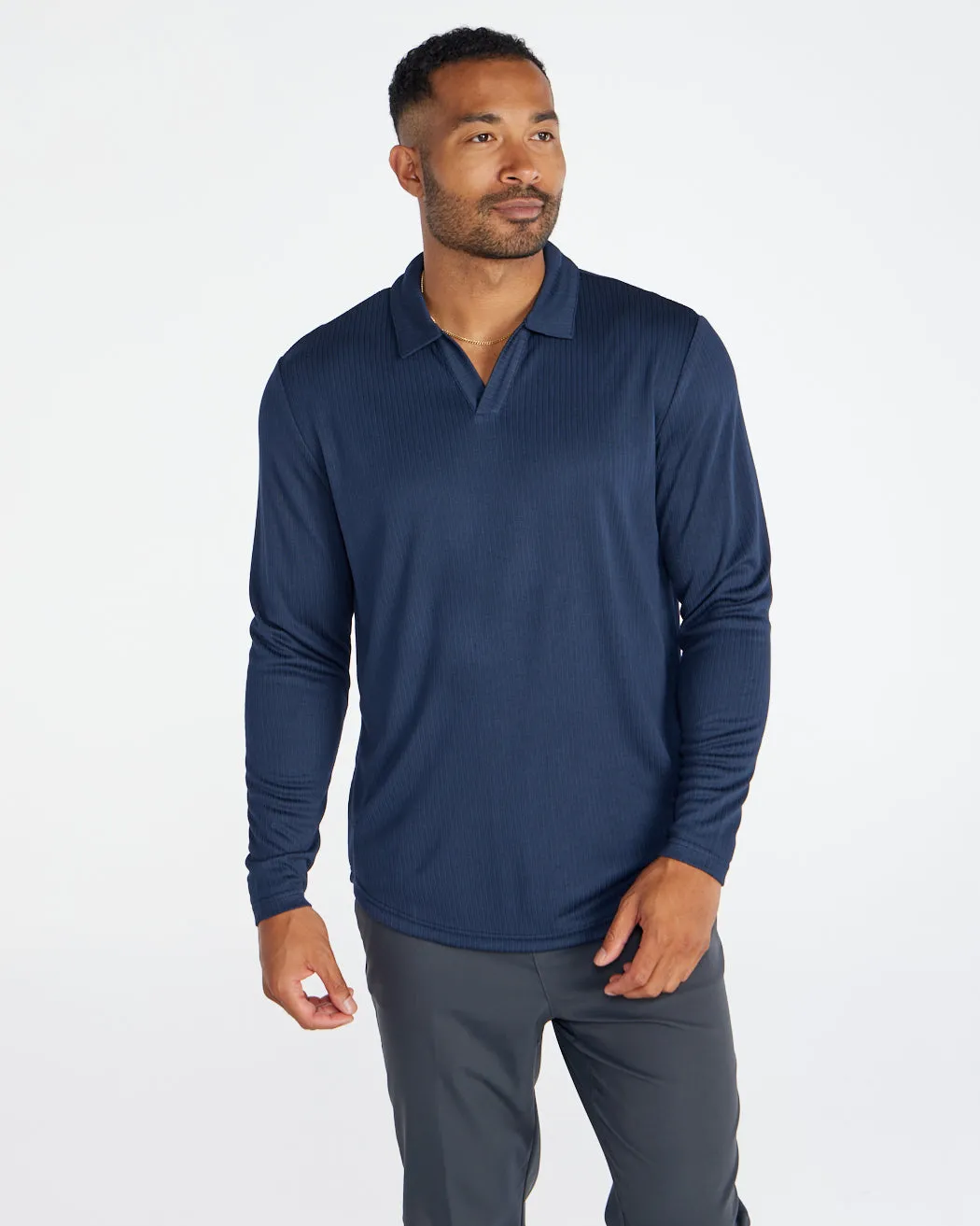 Ribbed Long Sleeve Open V Polo