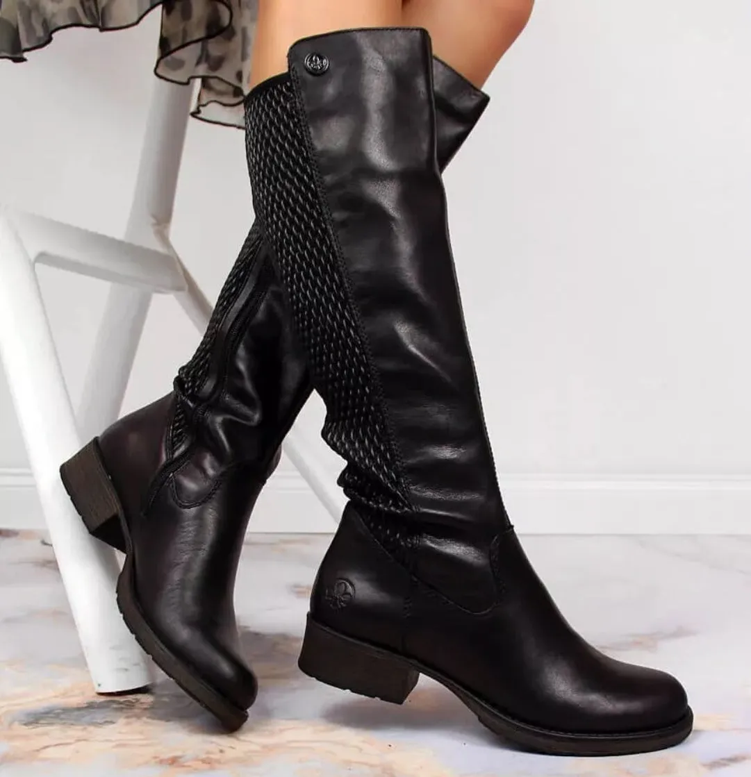 Rieker Z9591-00 Black Leather Knee High Long Boots