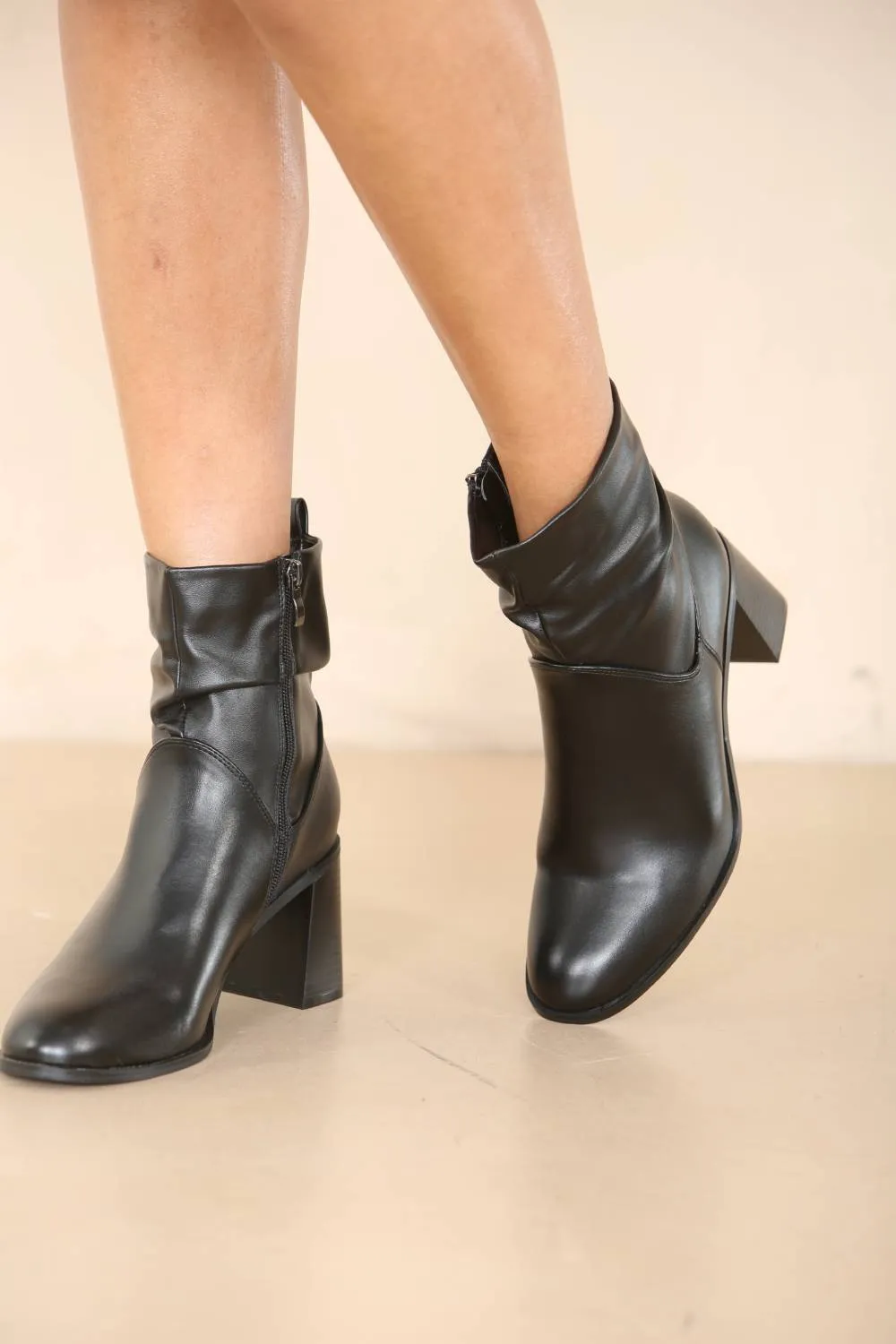 RUCHED MID BLOCK HEEL ANKLE BOOT