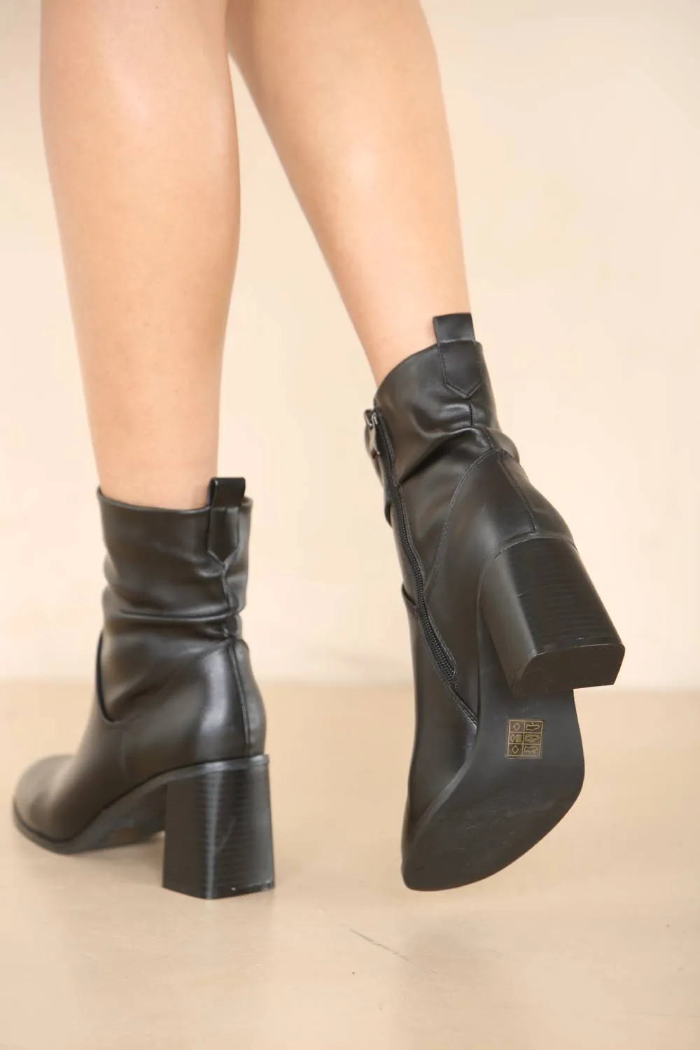 RUCHED MID BLOCK HEEL ANKLE BOOT