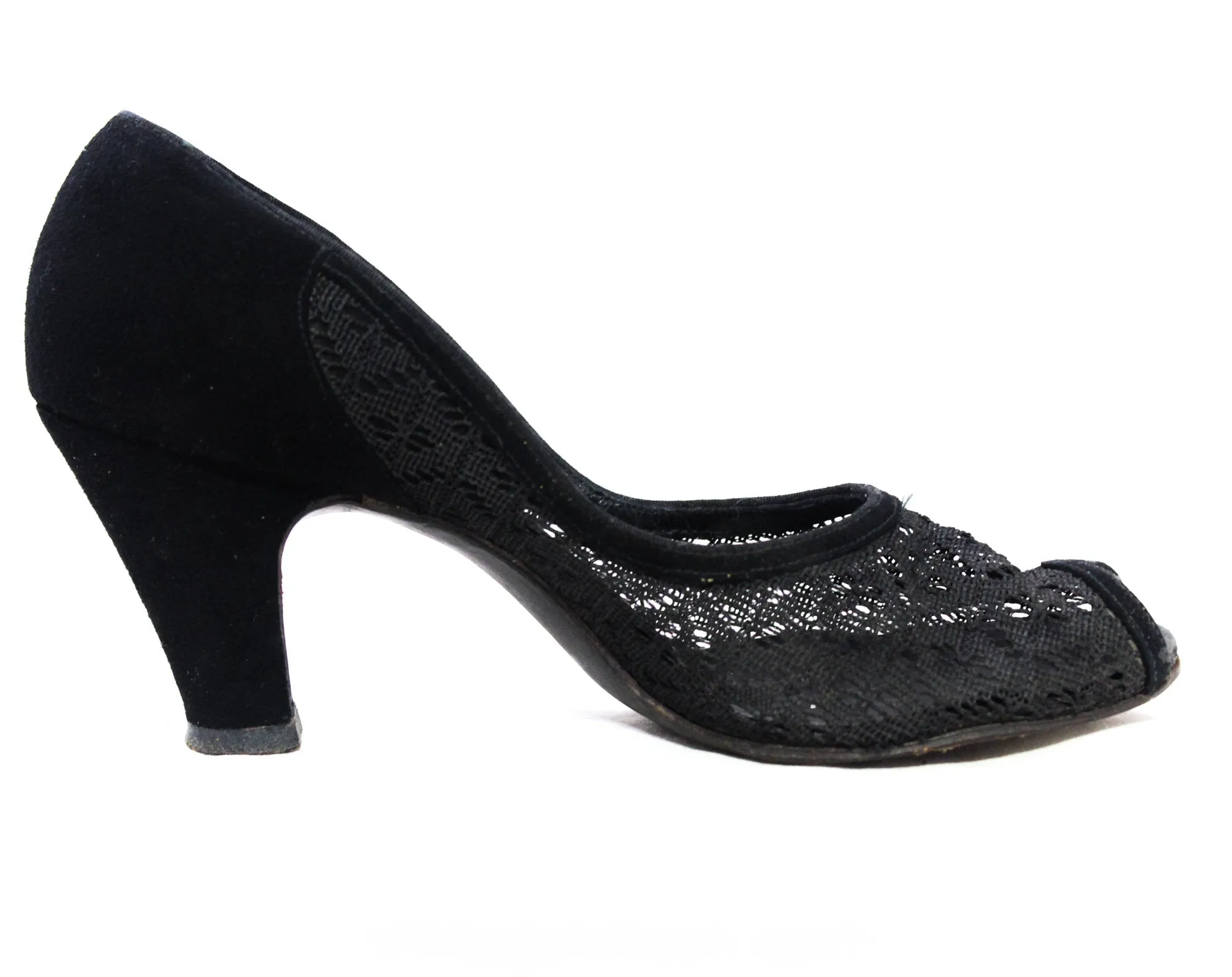 Size 5.5 1940s Black Suede Shoes with Seductive Sheer Lace Panels - Sexy 40s Open Toe Heels - Post WWII Era 40's Pumps - 5 1/2 A Narrow