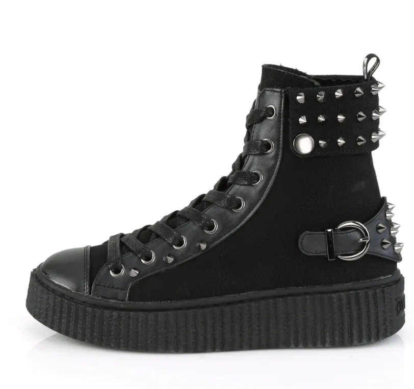 Sneeker-266 Black Canvas Hi-Top Sneaker Platform Creeper Shoe w/ Cuffed Snap Collar and Buckle Heel Strap