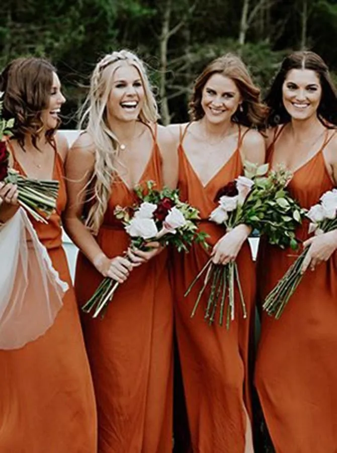 Straps A-Line V-Neck Orange Chiffon Bridesmaid Dress with Split BD064