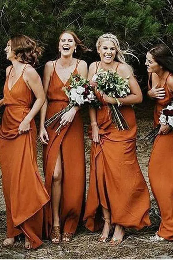 Straps A-Line V-Neck Orange Chiffon Bridesmaid Dress with Split BD064