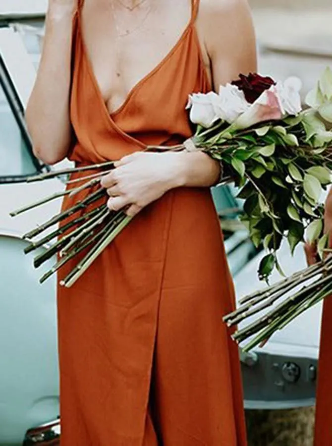 Straps A-Line V-Neck Orange Chiffon Bridesmaid Dress with Split BD064