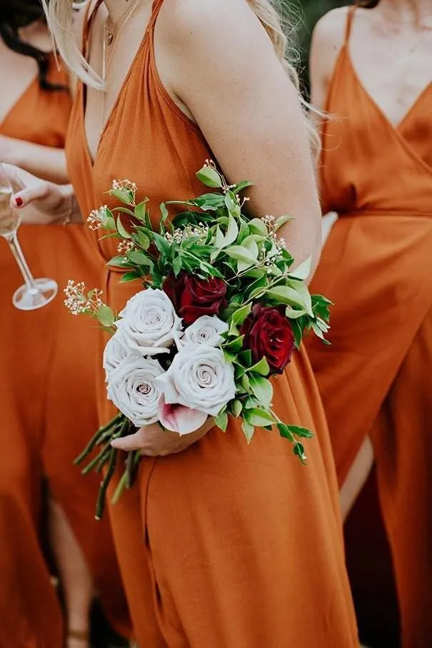 Straps A-Line V-Neck Orange Chiffon Bridesmaid Dress with Split BD064