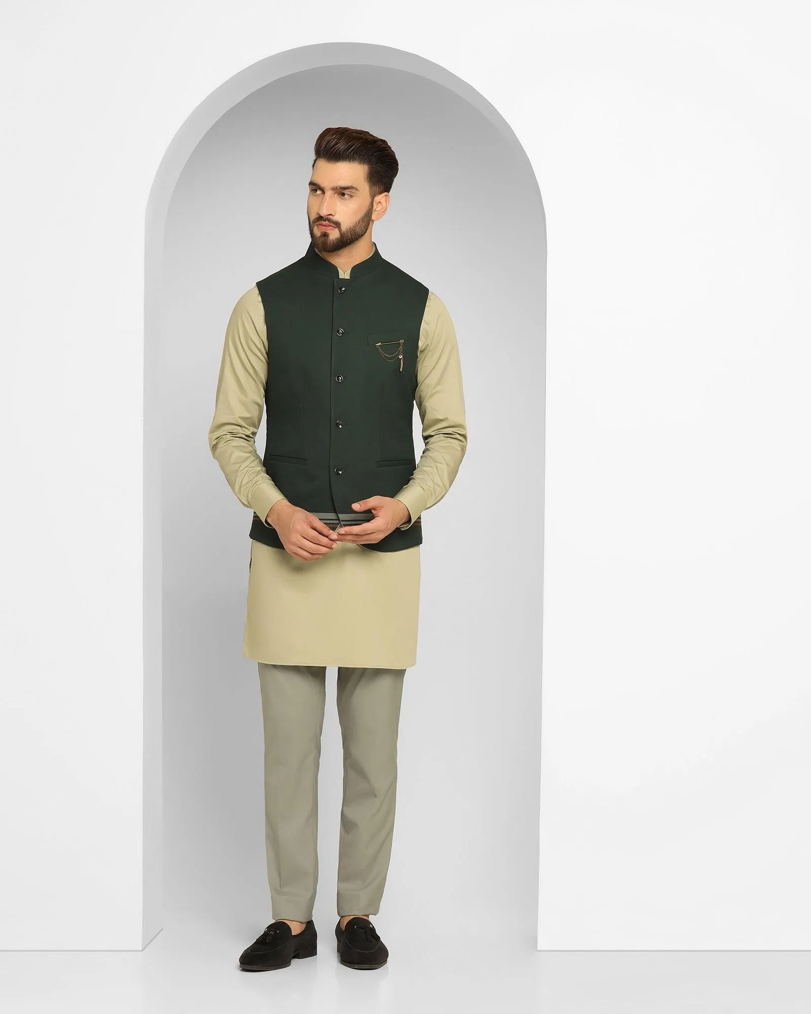 Swarn Three Piece Dark Green Solid Achkan Set - Enola