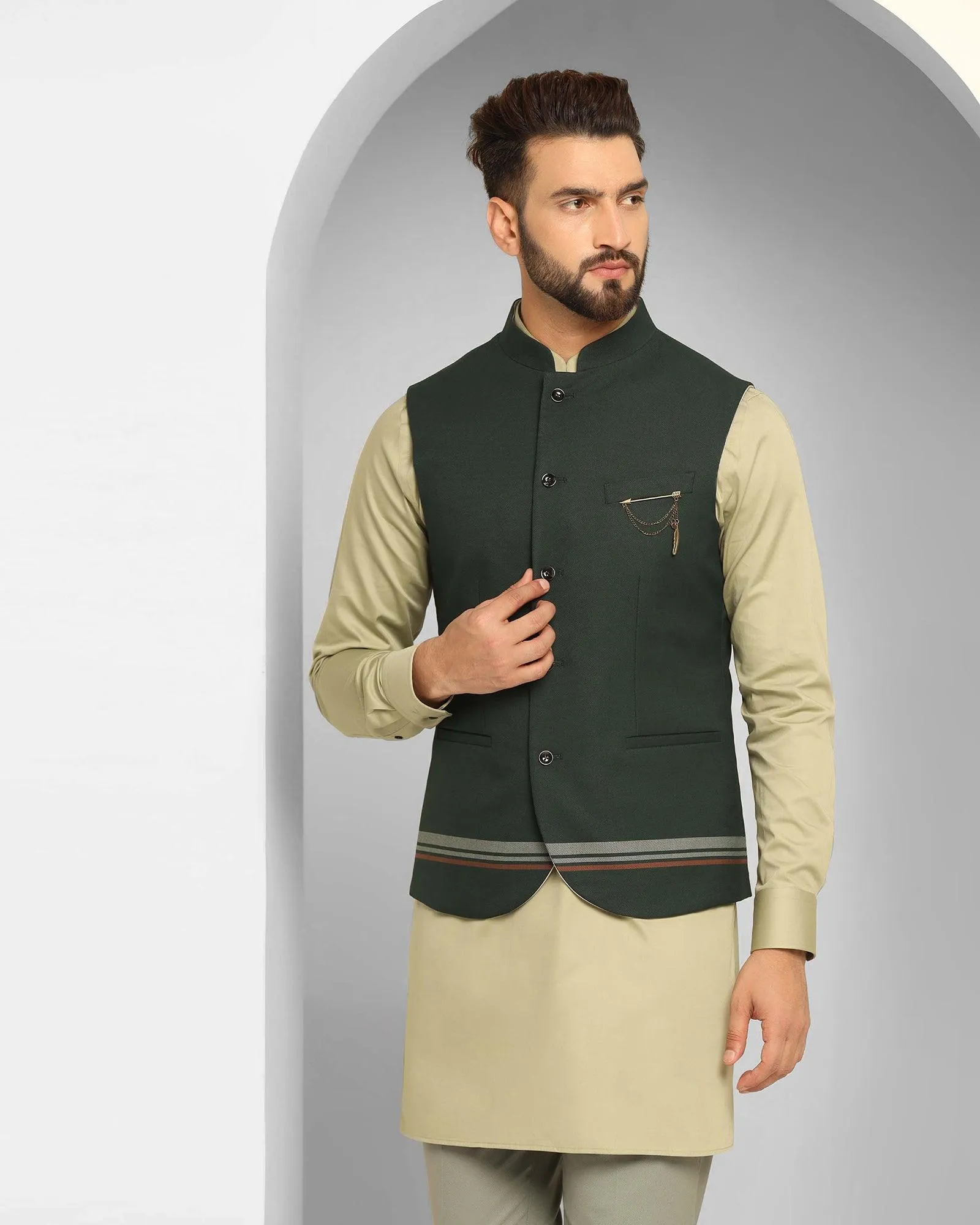 Swarn Three Piece Dark Green Solid Achkan Set - Enola