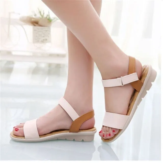 Sweet Ladies Basic Adhesive Sandals 3 Colors Patch Comfortable Flat Women Shoes Summer Style Soft Leather Leisure Sandals