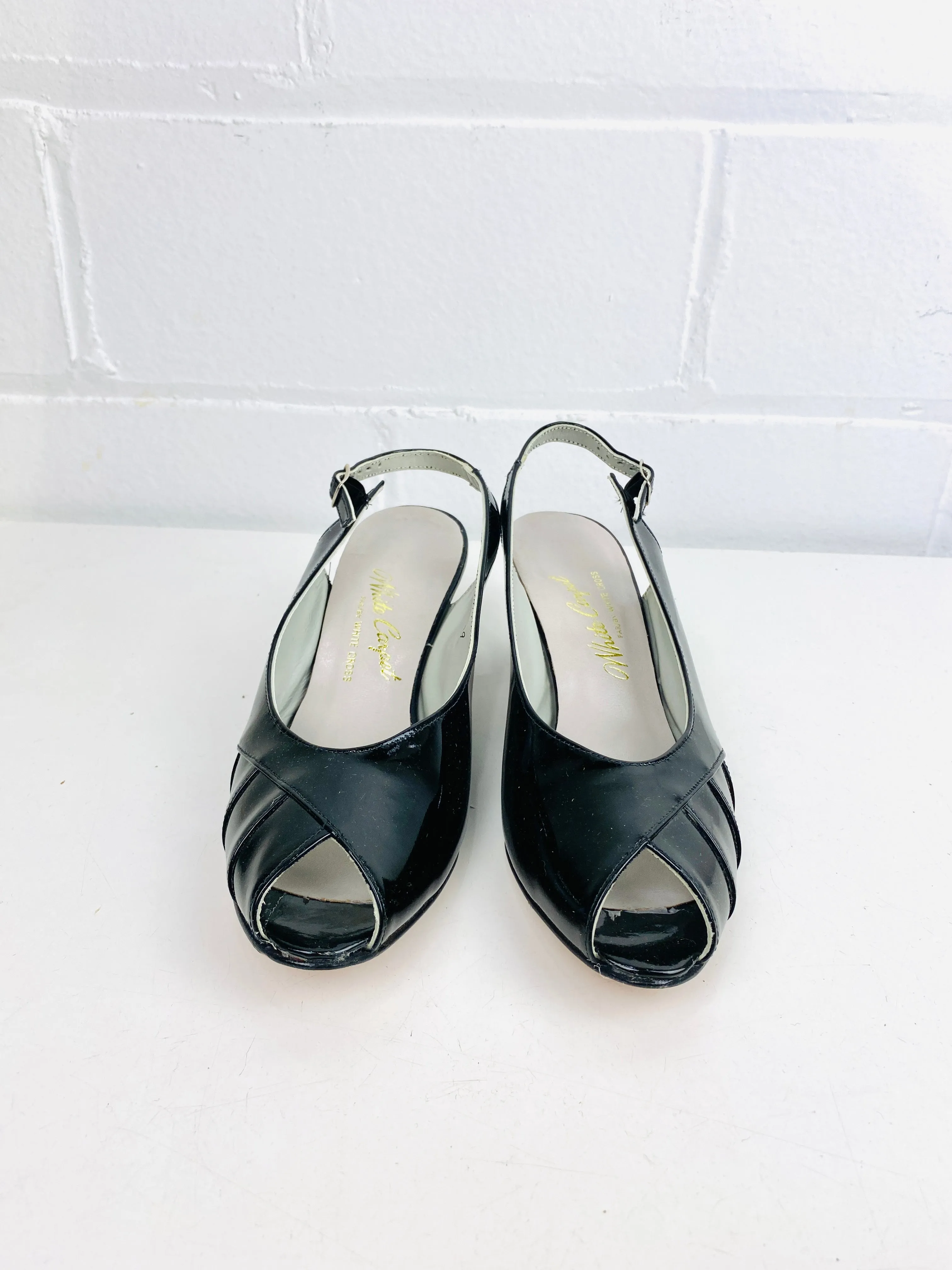 Vintage Deadstock Shoes, Women's 1980s Black Sling-Back Patent Leather Pumps NOS, 4315