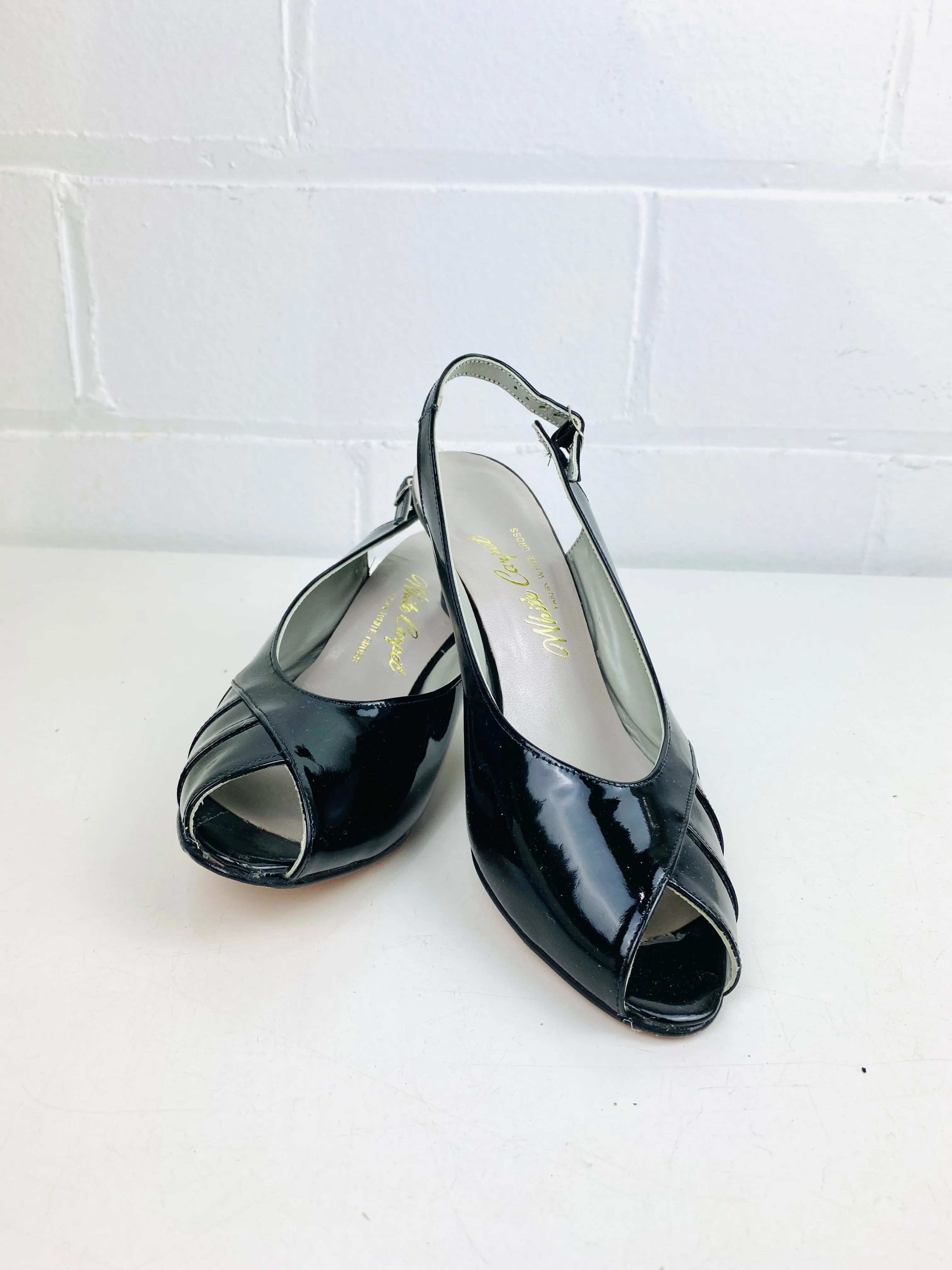 Vintage Deadstock Shoes, Women's 1980s Black Sling-Back Patent Leather Pumps NOS, 4315