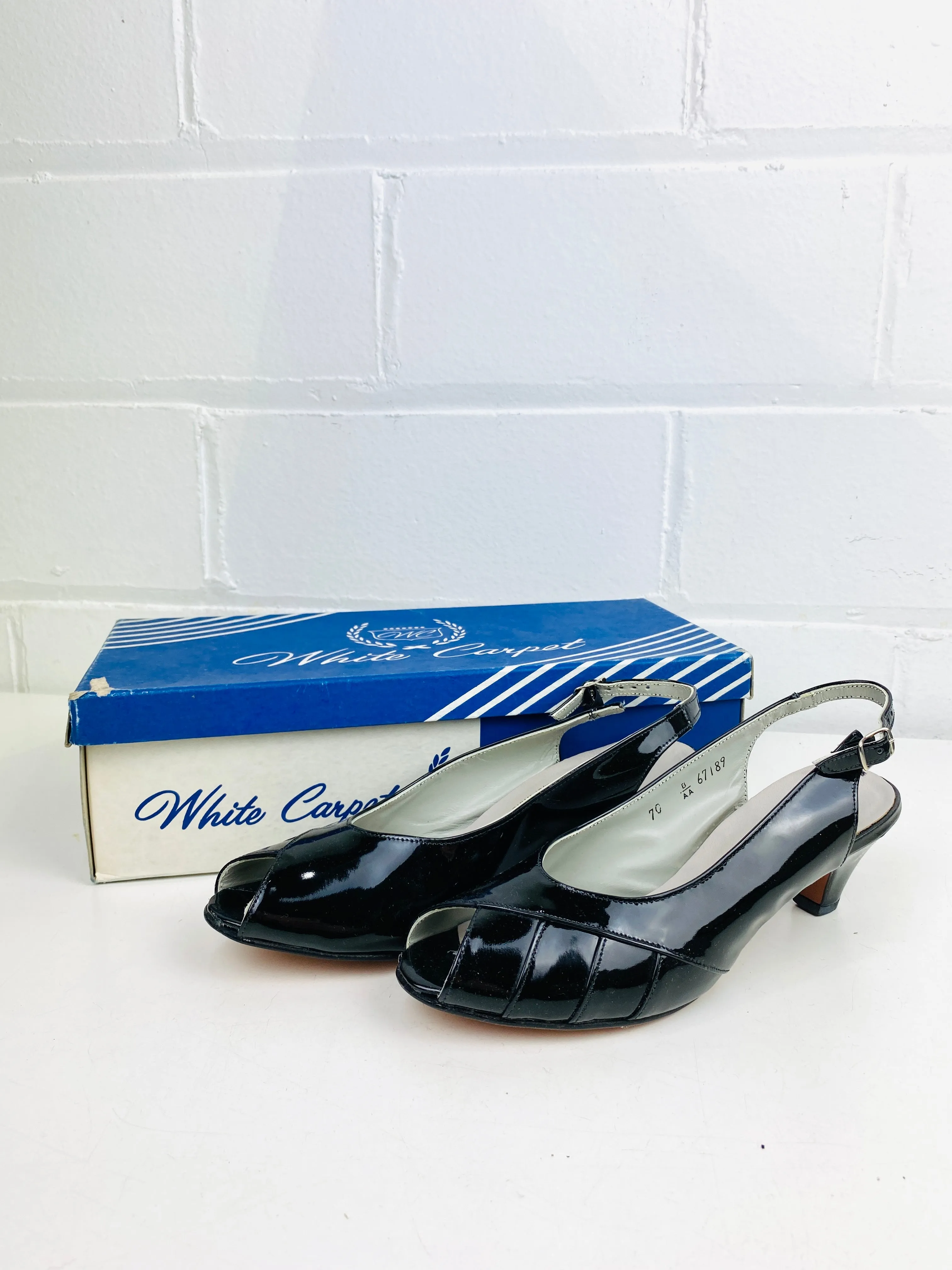 Vintage Deadstock Shoes, Women's 1980s Black Sling-Back Patent Leather Pumps NOS, 4315