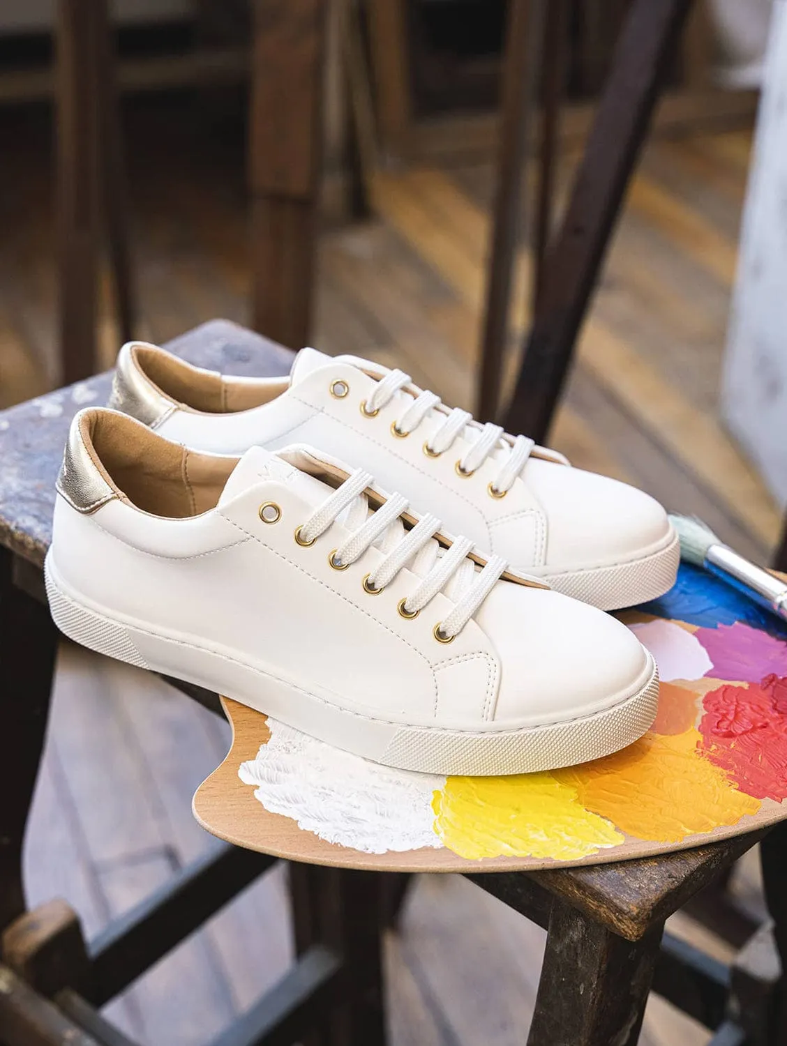 Virevolte Vegan Leather Sneakers | White & Gold