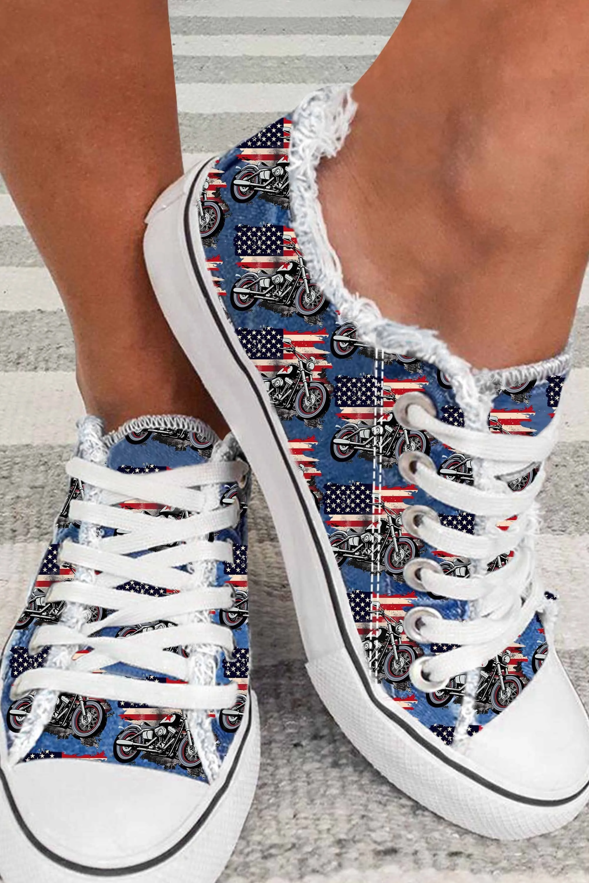 Women American Flag Motorbike Print Lace Up Sneakers