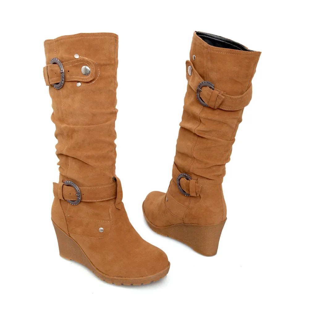 Women buckle strap slip on wedge mid calf boots