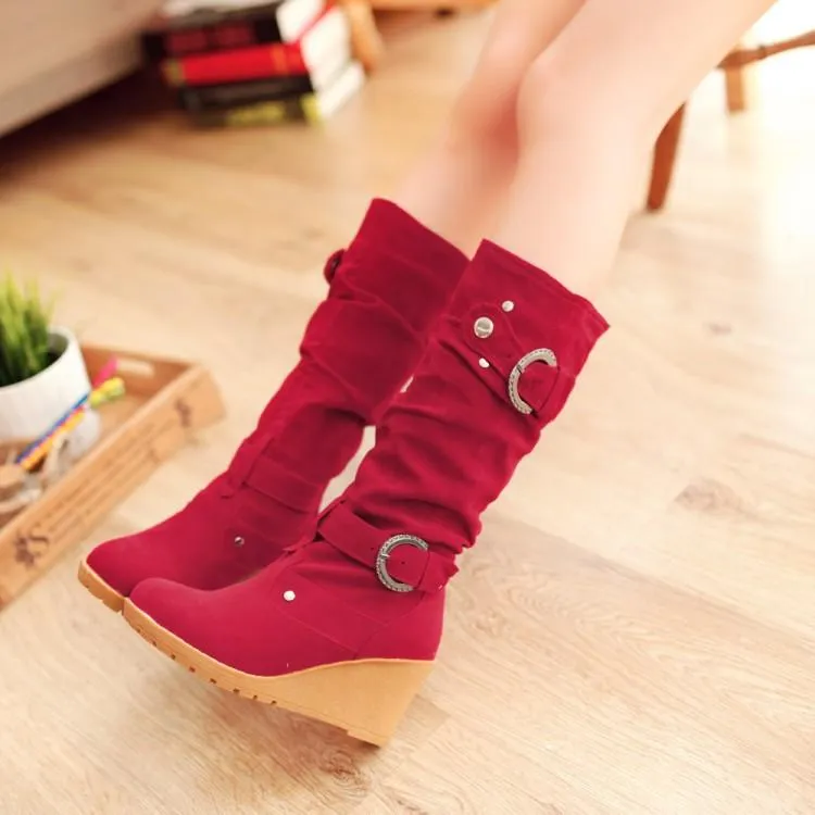 Women buckle strap slip on wedge mid calf boots