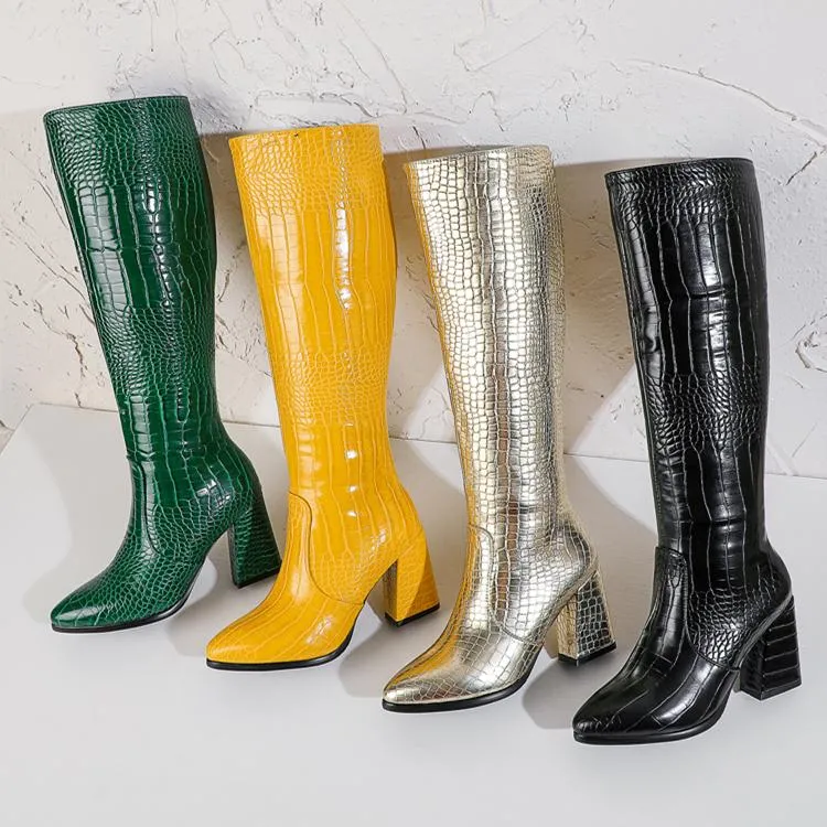 Women crocodile pattern chunky heel pointed toe knee high boots