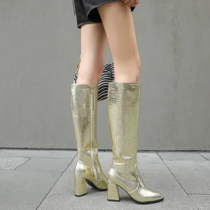 Women crocodile pattern chunky heel pointed toe knee high boots