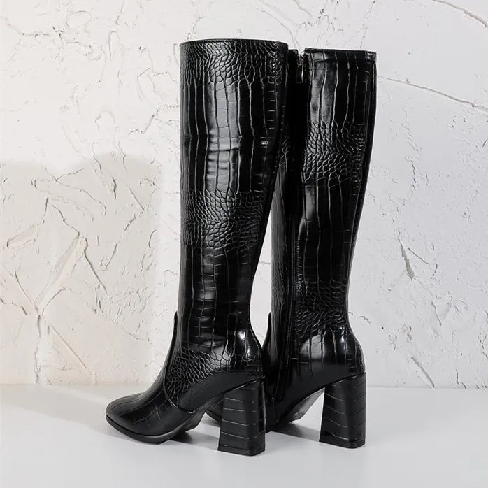 Women crocodile pattern chunky heel pointed toe knee high boots