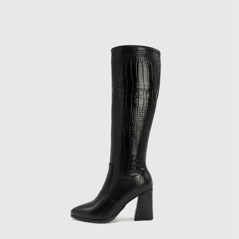 Women crocodile pattern chunky heel pointed toe knee high boots