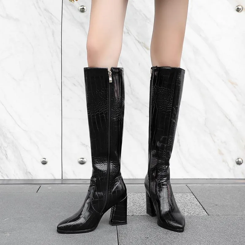 Women crocodile pattern chunky heel pointed toe knee high boots