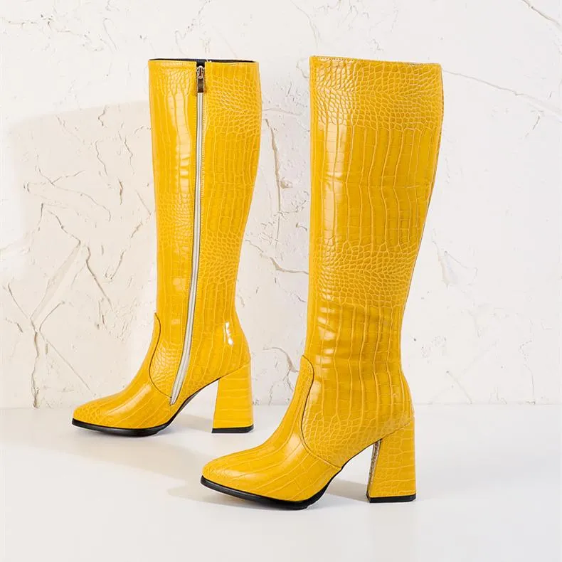 Women crocodile pattern chunky heel pointed toe knee high boots