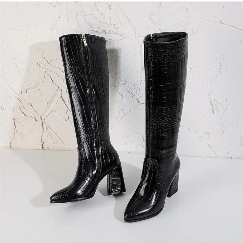 Women crocodile pattern chunky heel pointed toe knee high boots