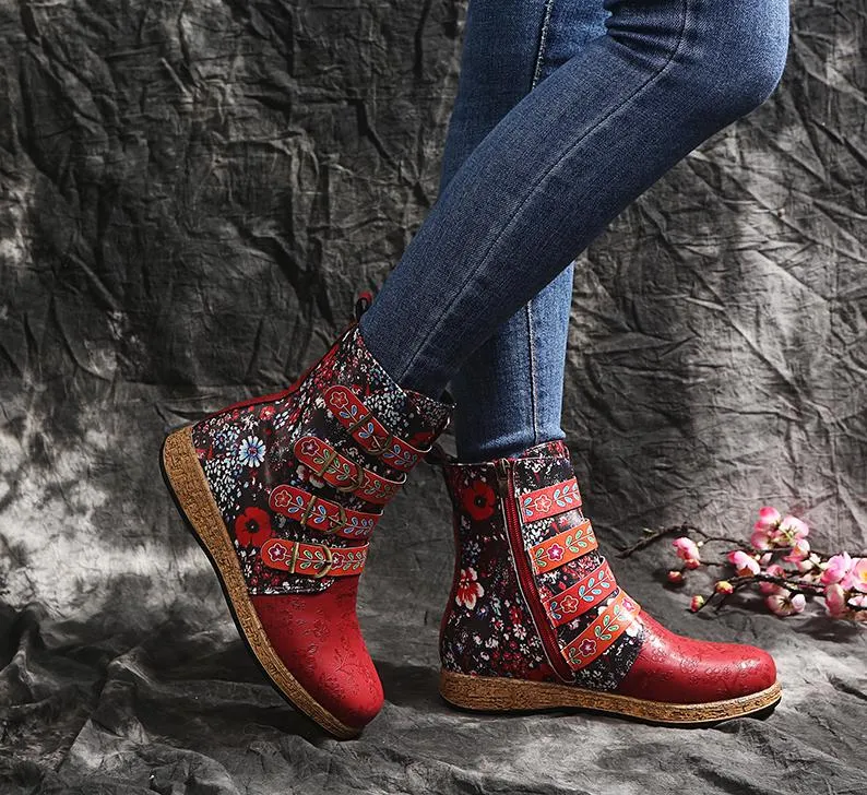 Women Floral Retro Folk Custom Buckle Strap Flat Heel Platform Ankle Boots